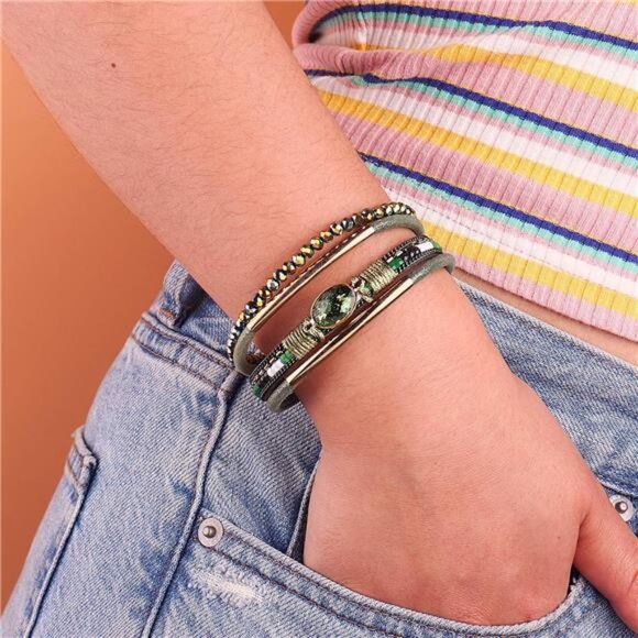 Leather Wrap Bracelets for Women - Boho Cuff with Crystal Beads - Picture 6 of 8